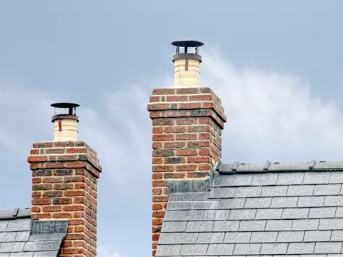 Brick chimneys rising from a slate roof