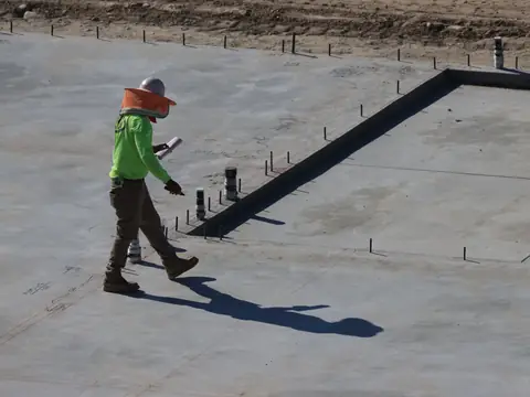 A worker crossing a wide flat roof