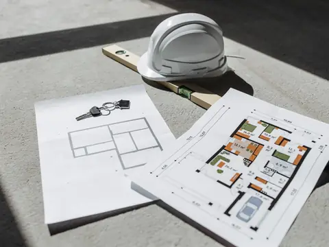 House plans and a hard hat in the sun